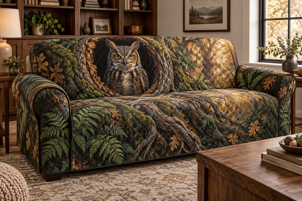 One fitted quilted sofa cover with a great horned owl and emerald fern print in a living room.