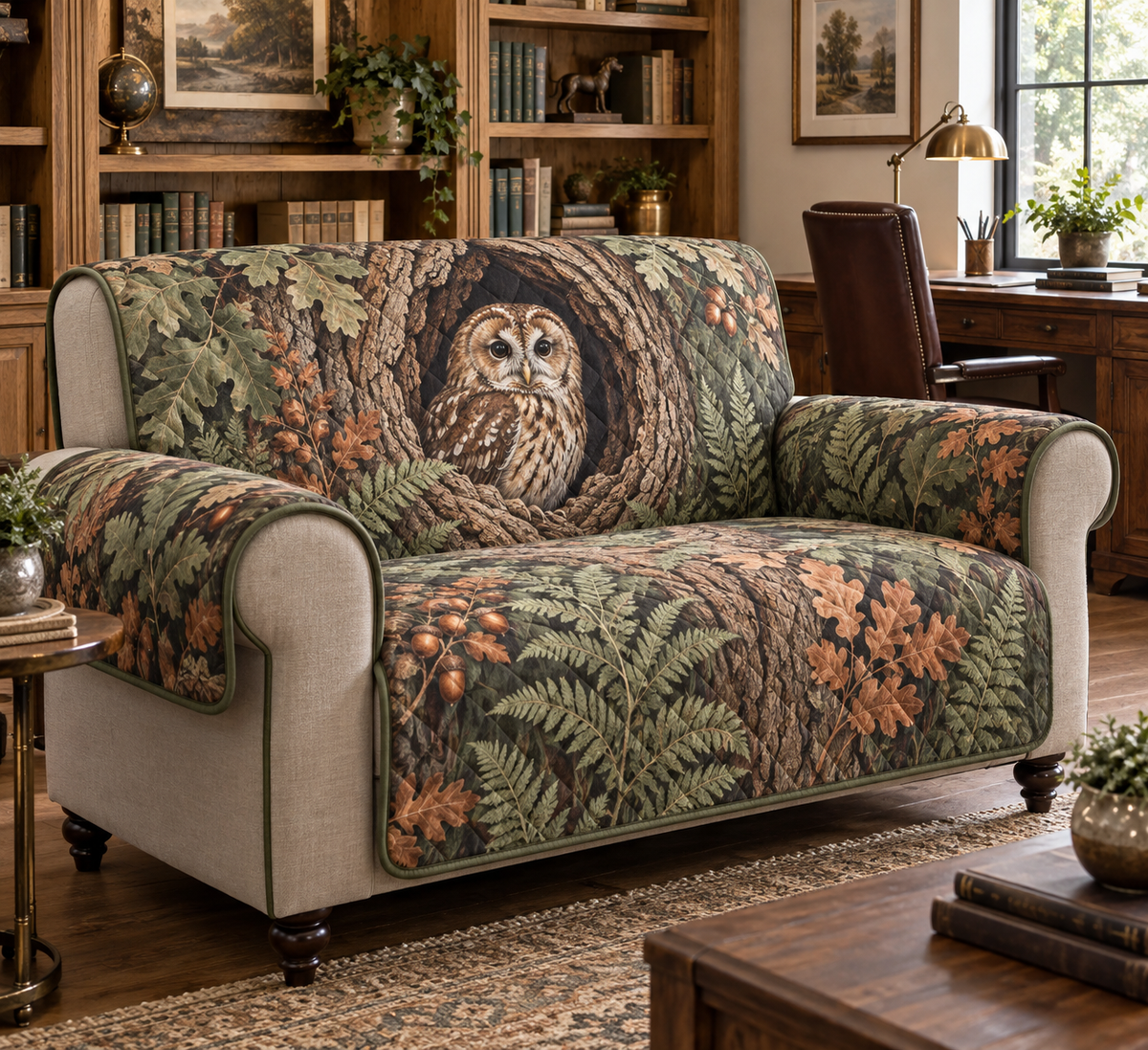 One fitted quilted sofa cover with a tawny owl and sage fern print in a home office lounge.