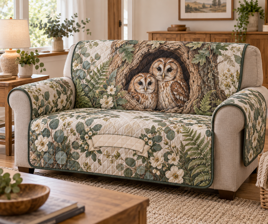 One fitted quilted sofa cover with a pair of tawny owls, oak hollow, eucalyptus and a blank ribbon panel.