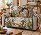One fitted quilted sofa cover with a pair of tawny owls, oak hollow, eucalyptus and a blank ribbon panel.