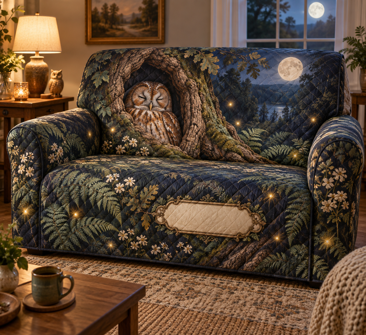 One fitted quilted sofa cover with a peaceful tawny owl, moonlit hollow, sage ferns and a blank name panel.