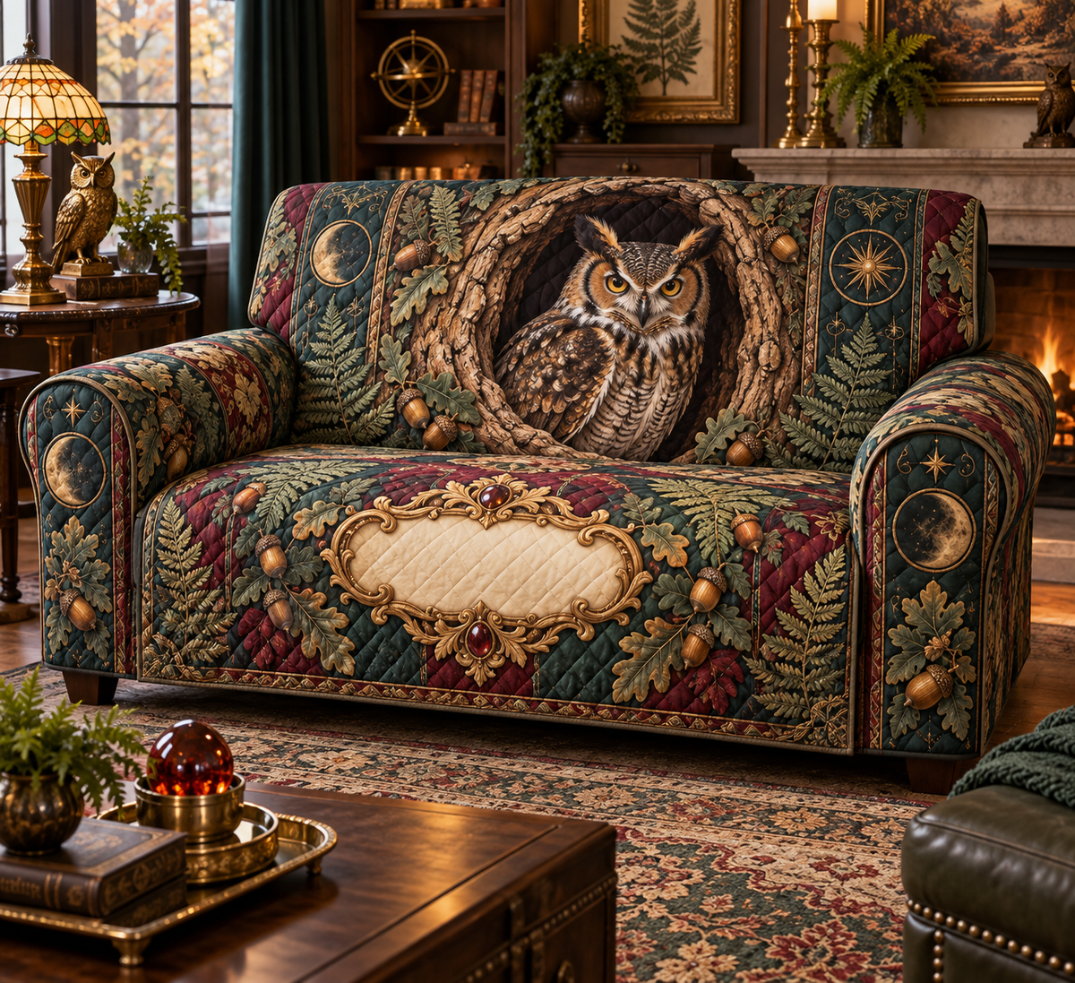 One fitted quilted sofa cover with a great horned owl, antique hollow, jewel-tone ferns and a blank ornate cartouche.