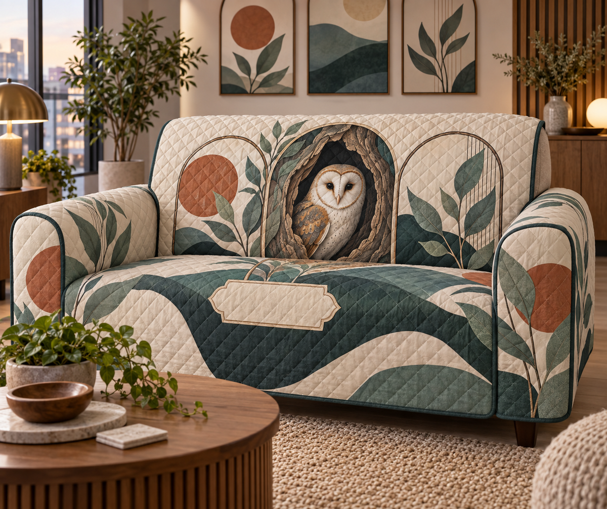 One fitted quilted sofa cover with a barn owl, oak hollow, arched panels, sage leaves, terracotta circles and blank name panel.