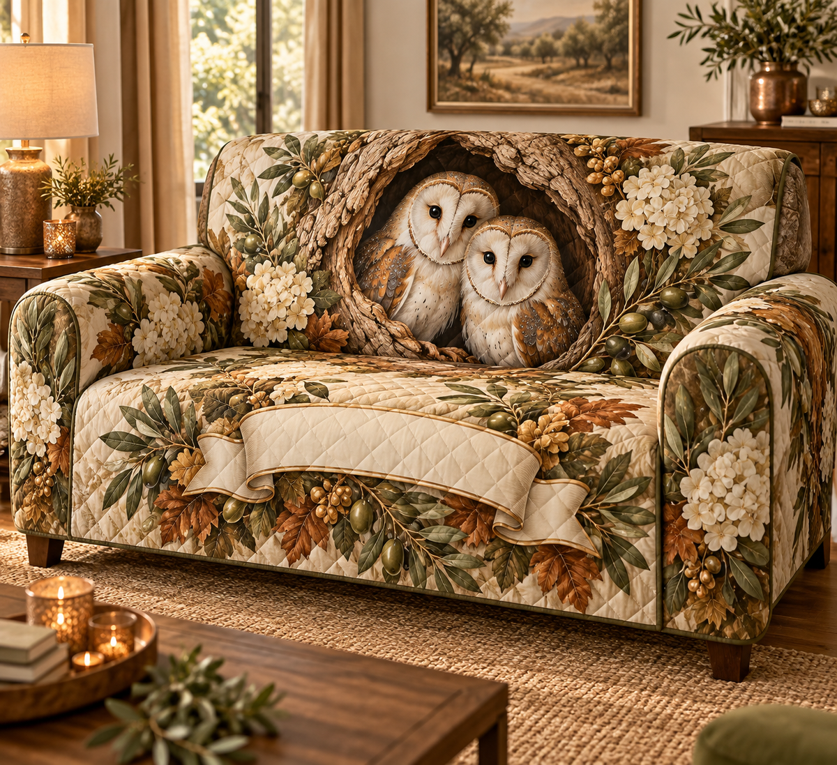 One sofa cover with two barn owls, oak hollow, olive branches, cream hydrangeas and a blank ribbon panel.