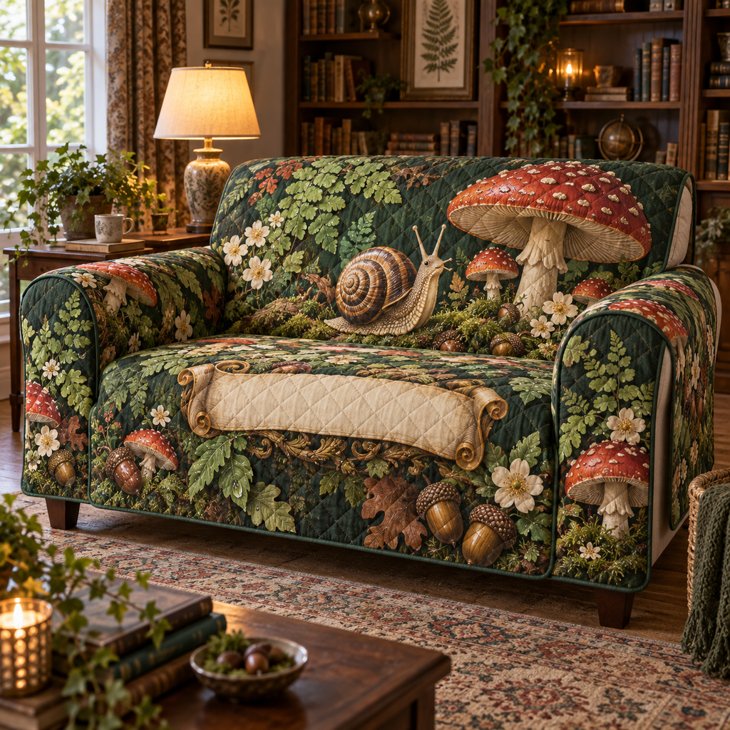 One sofa cover with a storybook snail, red toadstools, moss, ferns, cream flowers and a blank scroll panel.