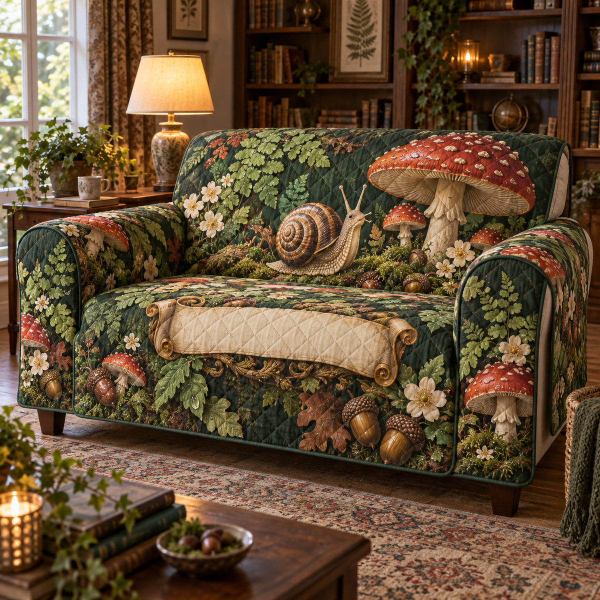 One sofa cover with a storybook snail, red toadstools, moss, ferns, cream flowers and a blank scroll panel.