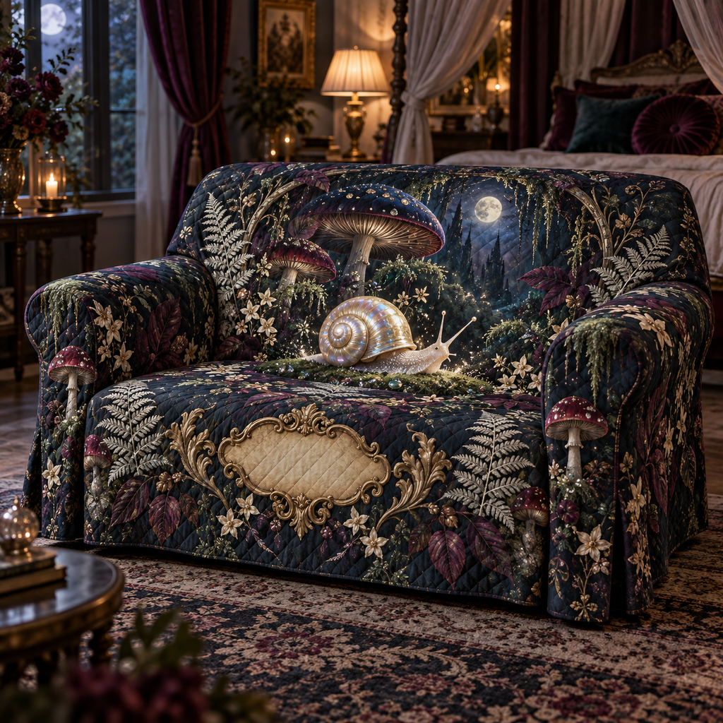 One sofa cover with a pearl-shell snail, moonlit toadstools, silver ferns, plum leaves and a blank gold cartouche.