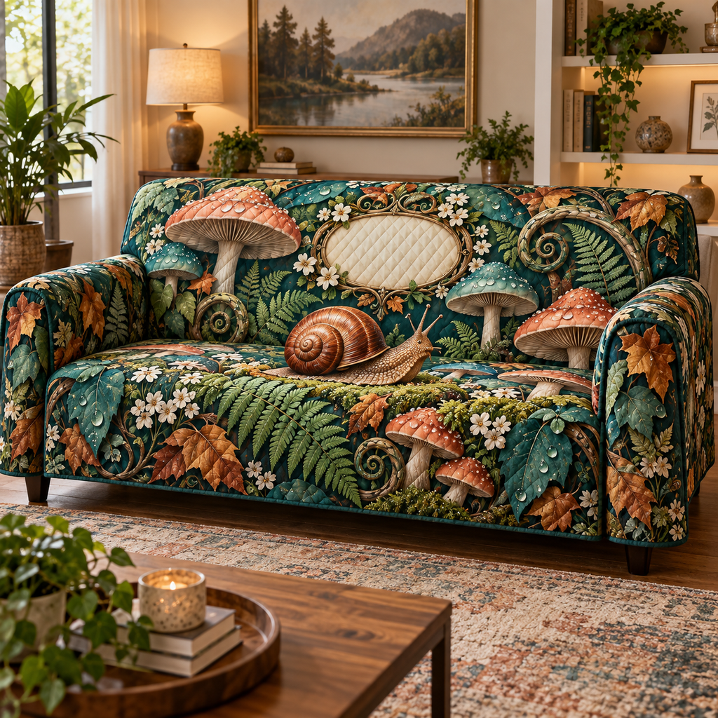 One sofa cover with a copper-shell snail, coral and teal toadstools, ferns, amber leaves and a blank oval plaque.