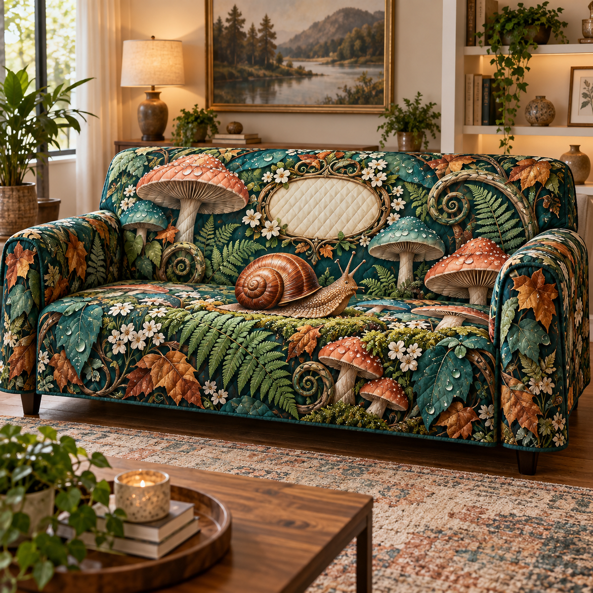 One sofa cover with a copper-shell snail, coral and teal toadstools, ferns, amber leaves and a blank oval plaque.