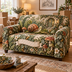 One sofa cover with a chestnut-shell snail, sage toadstools, cottage doorway, wildflowers and a blank ivory ribbon.