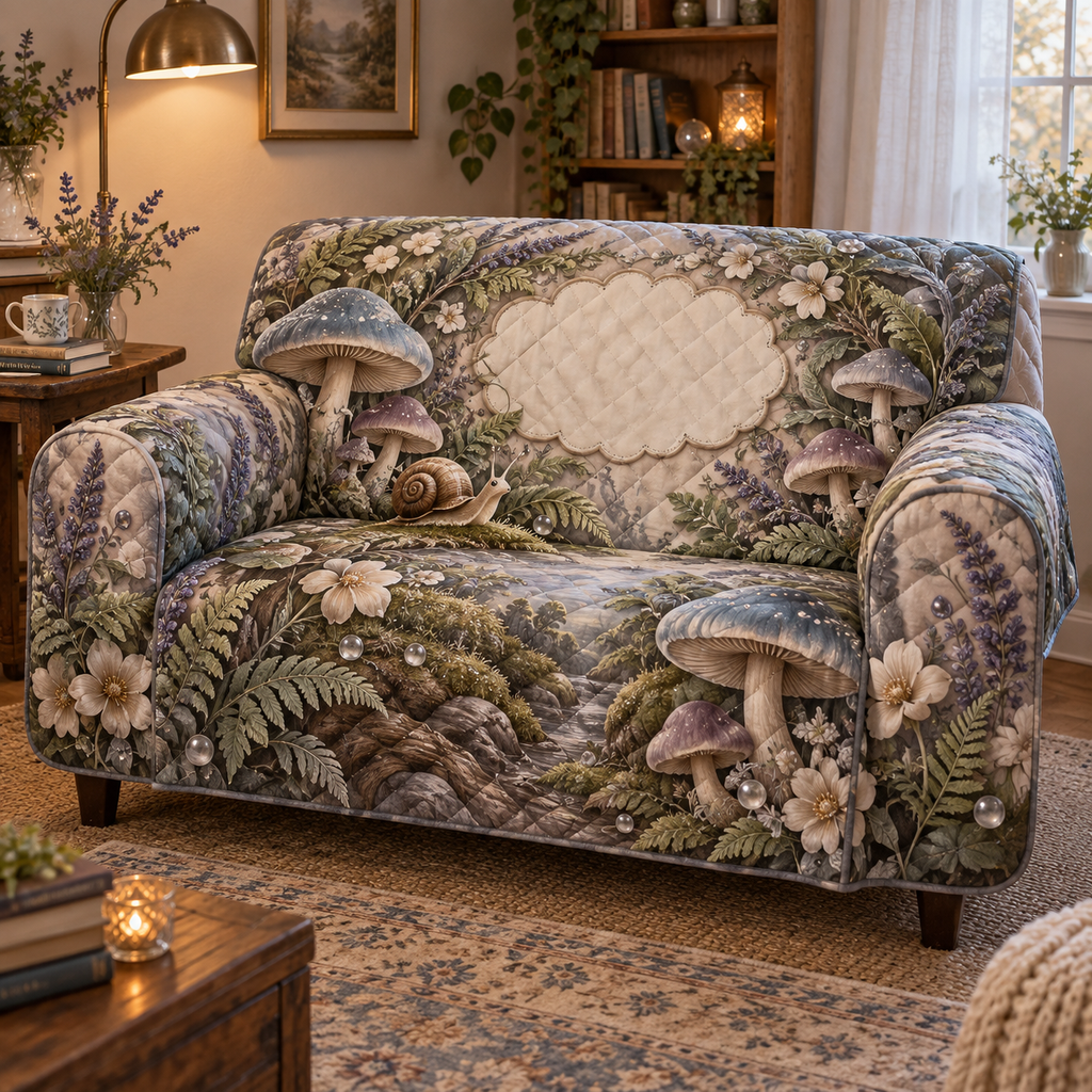 One sofa cover with a resting snail, dusty-blue and mauve toadstools, lavender, ferns and a blank scalloped panel.