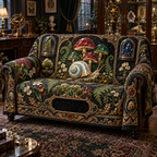 One sofa cover with an opalescent snail, jewel-tone toadstools, specimen cases, ferns and a blank gold plaque.