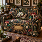 One sofa cover with an opalescent snail, framed jewel-tone toadstools, ferns and a blank gold cartouche.