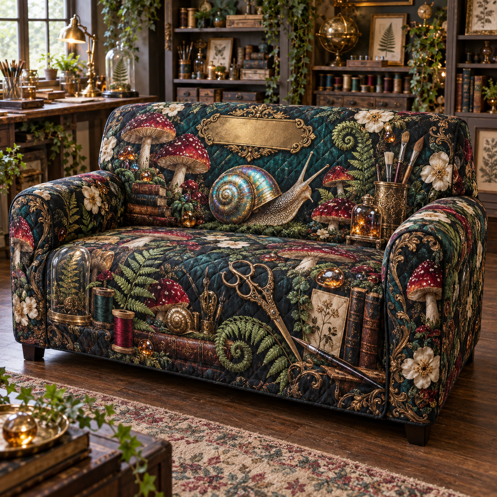 One sofa cover with an opalescent snail, jewel-tone toadstools, ferns, maker tools and a blank gold plaque.