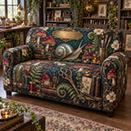 One sofa cover with an opalescent snail, jewel-tone toadstools, ferns, maker tools and a blank gold plaque.