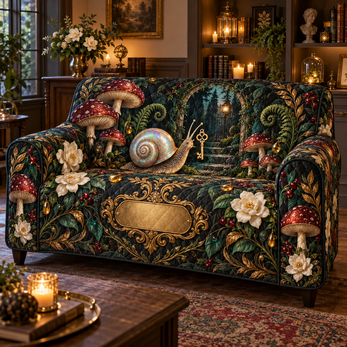 One sofa cover with an opalescent snail, golden key, jewel-tone toadstools, ivory gardenias and a blank gold plaque.