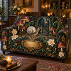 One sofa cover with an opalescent snail, golden key, jewel-tone toadstools, ivory gardenias and a blank gold plaque.