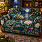 One sofa cover with an emerald frog, moonlit pond, luminous water lilies, dragonflies and a blank dark-teal plaque.