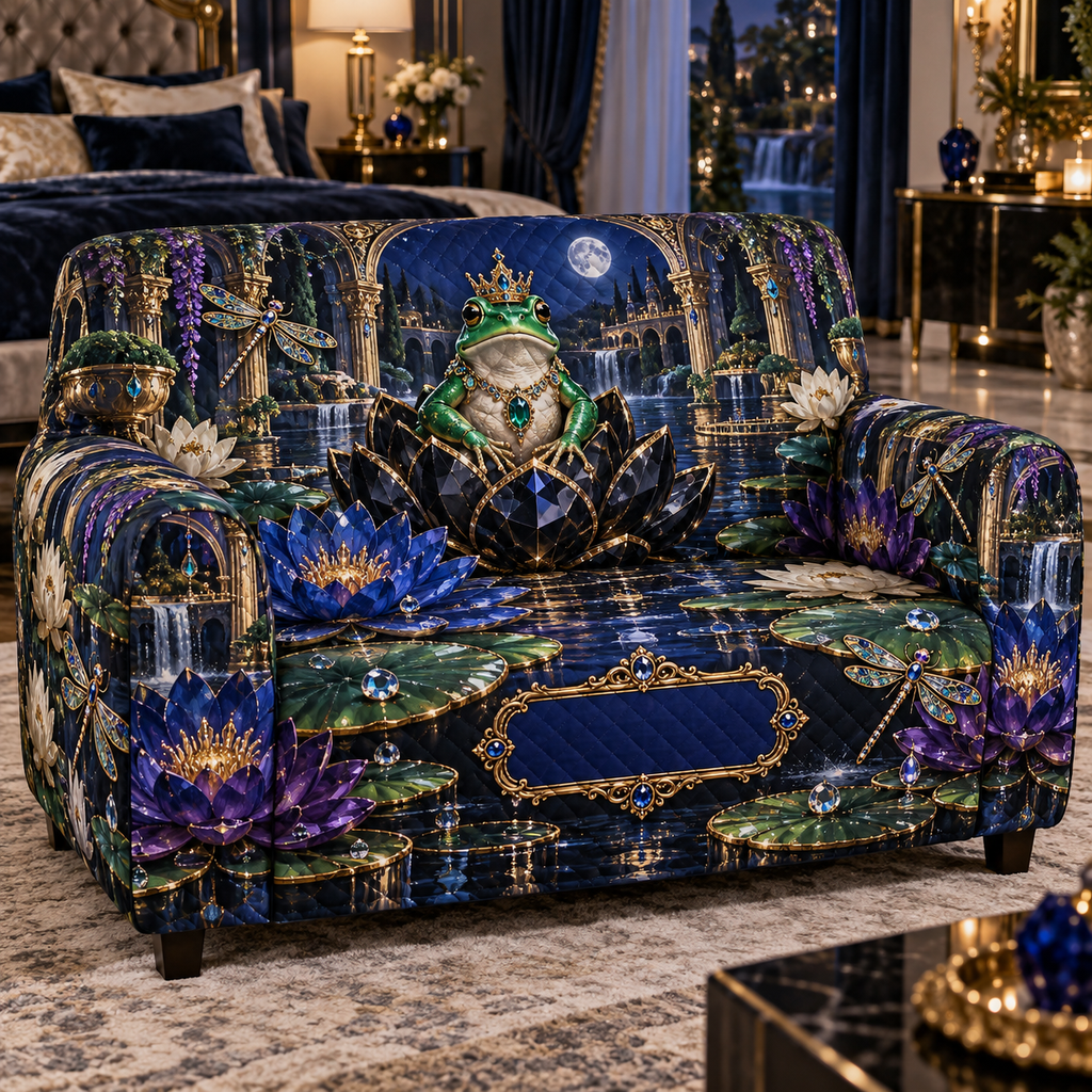 One sofa cover with a crowned emerald frog, black lotus throne, sapphire and amethyst lilies and a blank deep-sapphire plaque.