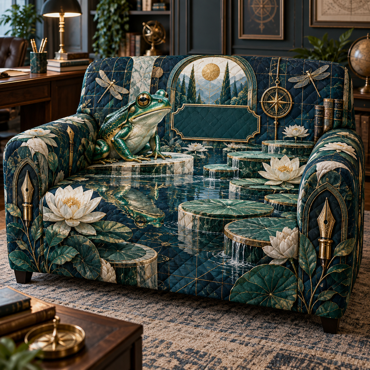 One sofa cover with a focused emerald frog, stepped lily-pad pond, white lotus, fine-line dragonflies, brass compass motifs, fountain-pen nibs, grid arches and a blank deep-teal plaque.
