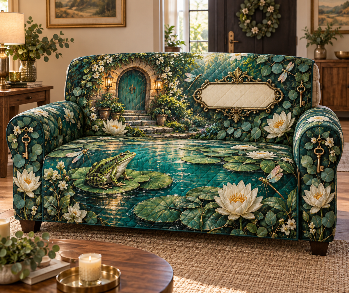 One sofa cover with an emerald frog, turquoise cottage pond, layered lily pads, ivory lotus flowers, dragonflies, brass keys, eucalyptus and a blank cream name plaque.