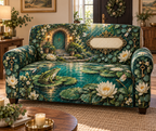 One sofa cover with an emerald frog, turquoise cottage pond, layered lily pads, ivory lotus flowers, dragonflies, brass keys, eucalyptus and a blank cream name plaque.