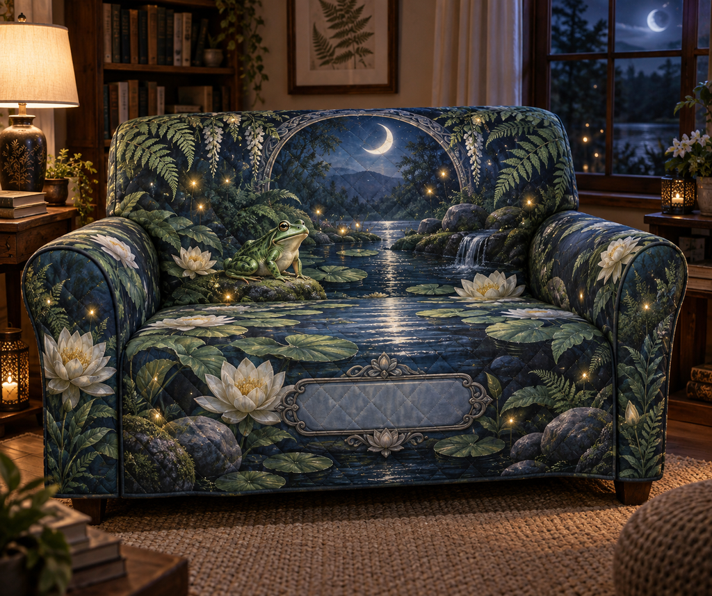 One sofa cover with a jade frog, moonlit indigo pond, lily pads, ivory lotus, fireflies, ferns, crescent arch and a blank mist-blue plaque.