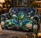 One sofa cover with a crowned emerald frog, faceted sapphire lily pad, luminous teal pond, pearl lotus, jewel dragonflies, gold filigree and a blank midnight-blue plaque.