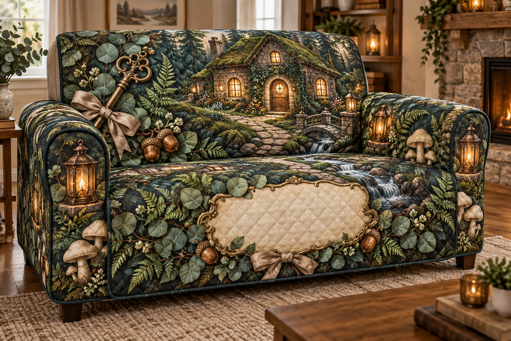 One sofa cover with a welcoming moss-roof cottage, glowing arched doorway, garden path, stream, antique brass house key, eucalyptus and fern wreath, acorns, cream mushrooms, amber lanterns, ribbon and a blank parchment plaque.