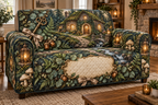 One sofa cover with a welcoming moss-roof cottage, glowing arched doorway, garden path, stream, antique brass house key, eucalyptus and fern wreath, acorns, cream mushrooms, amber lanterns, ribbon and a blank parchment plaque.