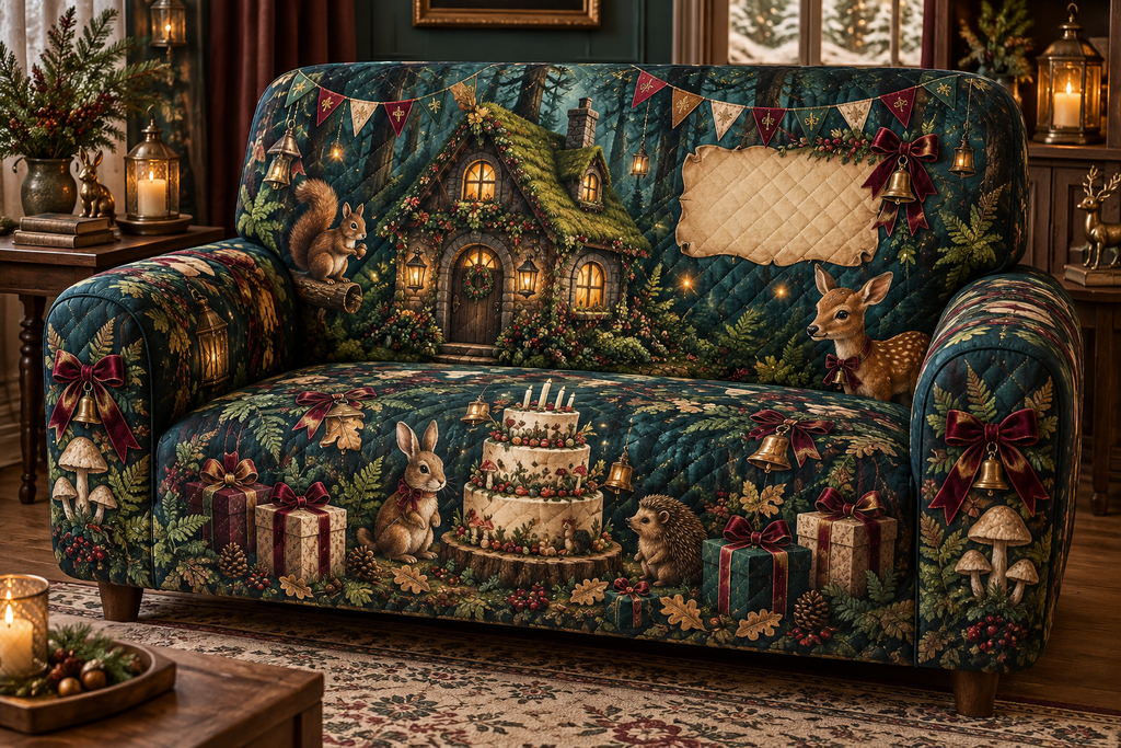 One sofa cover with a jewel-like moss-roof cottage, glowing arched windows, woodland cake without writing, wrapped gifts, velvet ribbons, brass bells, ferns, acorns, cream mushrooms, amber fireflies, plain pennants and a blank parchment plaque.