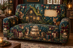 One sofa cover with a jewel-like moss-roof cottage, glowing arched windows, woodland cake without writing, wrapped gifts, velvet ribbons, brass bells, ferns, acorns, cream mushrooms, amber fireflies, plain pennants and a blank parchment plaque.