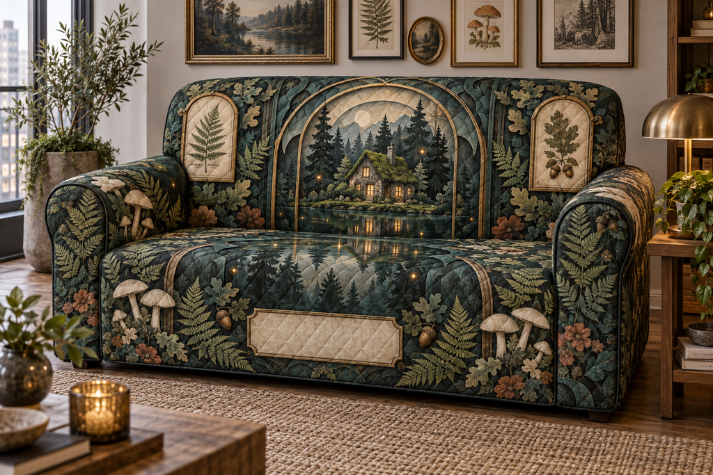 One sofa cover with a moss-roof cottage reflected in a dark teal pond, geometric brass arch, layered paper-cut forest, antique botanical specimens, ferns, acorns, cream mushrooms, amber fireflies and a blank parchment plaque.