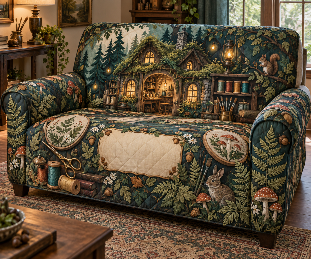 One sofa cover with a glowing moss-roof cottage atelier, layered forest, embroidery hoops, thread spools, brass scissors, paintbrushes, ferns, mushrooms, acorns, amber fireflies and a blank parchment plaque.