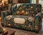 One sofa cover with a glowing moss-roof cottage atelier, layered forest, embroidery hoops, thread spools, brass scissors, paintbrushes, ferns, mushrooms, acorns, amber fireflies and a blank parchment plaque.