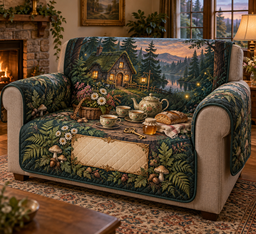 One sofa cover with a glowing moss-roof cottage, layered forest, wildflower basket, teapot and two cups, artisan bread, honey jar without a label, folded linen, brass key, ferns, mushrooms, acorns, amber fireflies and a blank parchment plaque.