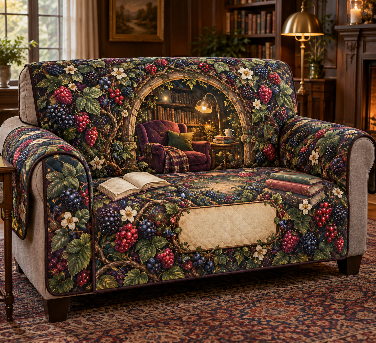 One sofa cover with an arched reading alcove, plum velvet armchair, brass lamp, blank books, amber fireflies, blackberry, raspberry, blueberry and red-currant brambles, cream blossoms and a blank parchment plaque.