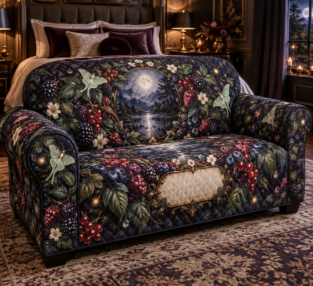 One sofa cover with a luminous moonlit oval window framed by blackberry, raspberry, blueberry and red-currant brambles, deep leaves, cream blossoms, luna moths, faceted dew, amber fireflies and a blank parchment plaque.