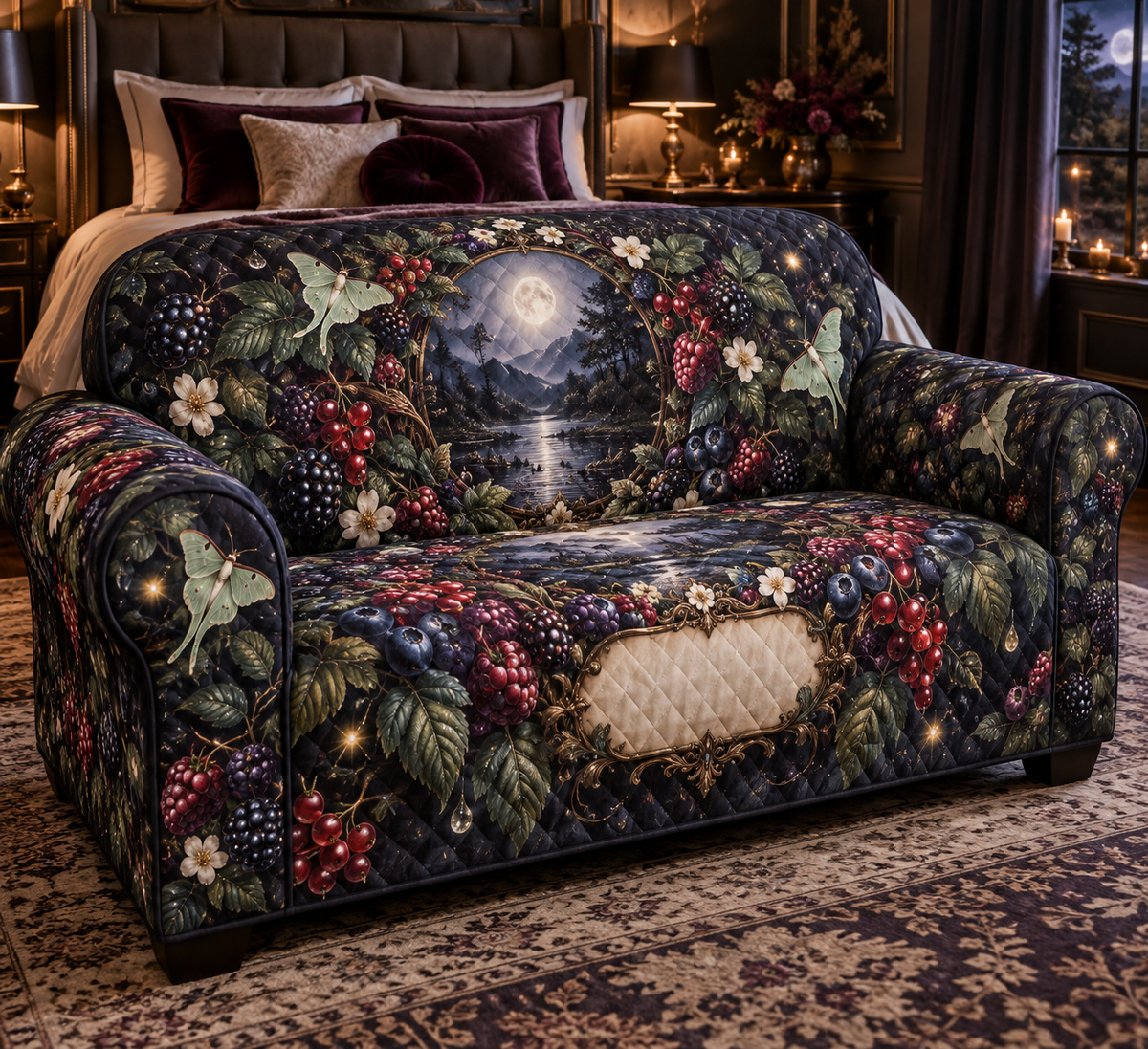 One sofa cover with a luminous moonlit oval window framed by blackberry, raspberry, blueberry and red-currant brambles, deep leaves, cream blossoms, luna moths, faceted dew, amber fireflies and a blank parchment plaque.
