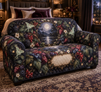 One sofa cover with a luminous moonlit oval window framed by blackberry, raspberry, blueberry and red-currant brambles, deep leaves, cream blossoms, luna moths, faceted dew, amber fireflies and a blank parchment plaque.