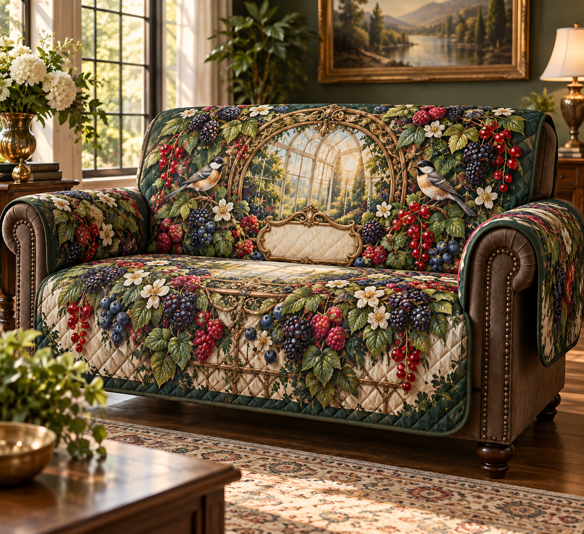 One sofa cover with a grand circular antique-brass trellis medallion, sunlit conservatory window, blackberry, raspberry, blueberry and red-currant brambles, two songbirds, cream blossoms, faceted dew and a blank parchment plaque.