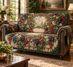 One sofa cover with a grand circular antique-brass trellis medallion, sunlit conservatory window, blackberry, raspberry, blueberry and red-currant brambles, two songbirds, cream blossoms, faceted dew and a blank parchment plaque.