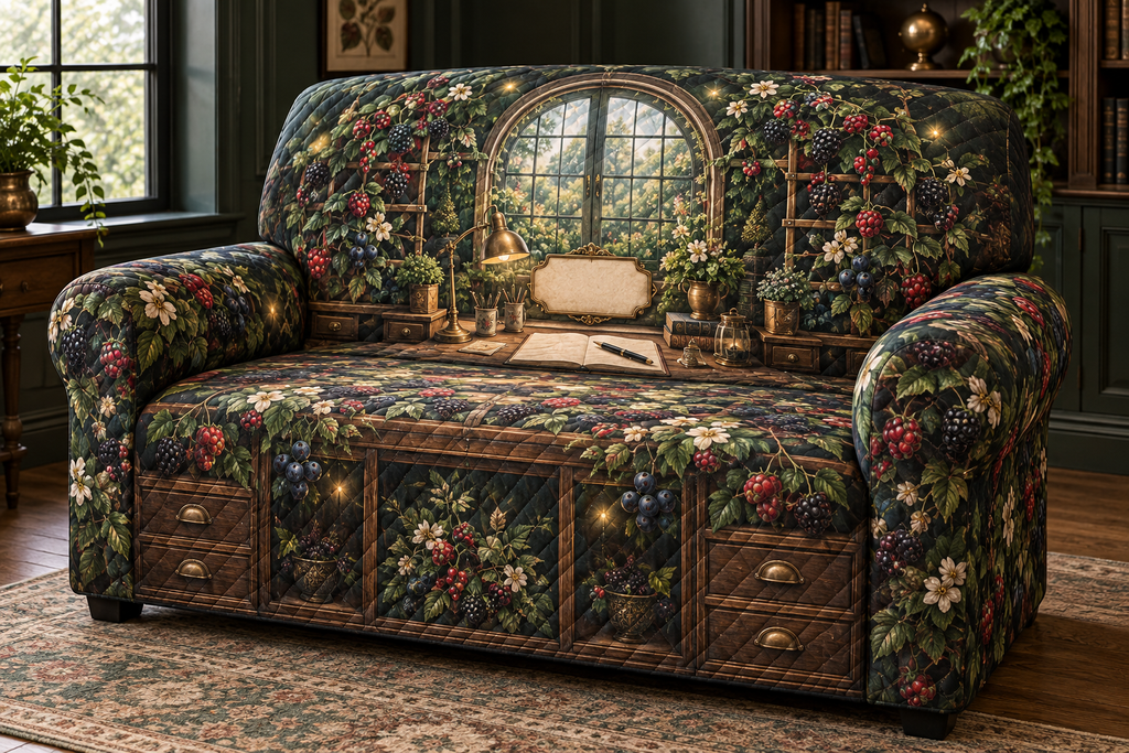 One sofa cover with an elegant walnut garden studio desk beneath an arched window, symmetrical blackberry, raspberry, blueberry and currant trellises, brass lamp, blank notebook, fountain pen, unlabeled drawers, cream blossoms, amber fireflies and a blank parchment plaque.