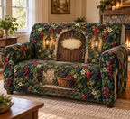 One sofa cover with an arched cottage front door beneath blackberry, raspberry, blueberry and red-currant vines, jewel-like berries, deep leaves, cream blossoms, warm twin lanterns, antique brass key, berry basket, amber fireflies and a blank parchment plaque.
