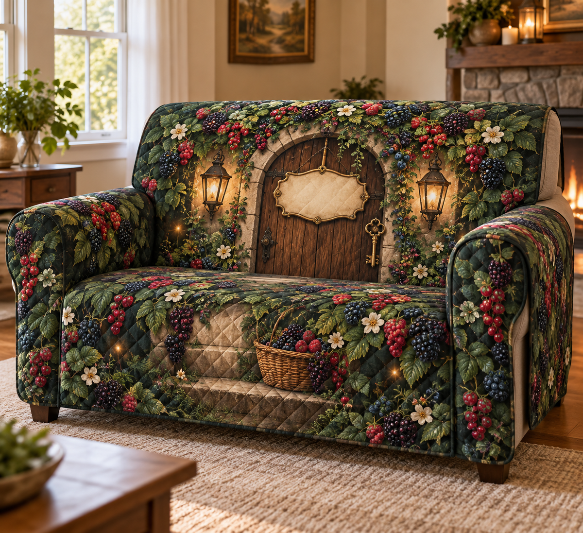 One sofa cover with an arched cottage front door beneath blackberry, raspberry, blueberry and red-currant vines, jewel-like berries, deep leaves, cream blossoms, warm twin lanterns, antique brass key, berry basket, amber fireflies and a blank parchment plaque.