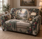 One sofa cover with a serene arched window seat overlooking a misty berry garden, linen cushion, folded knit throw, ceramic tea cup, slender candle lantern, blackberry, raspberry, blueberry and red-currant brambles, jewel-like berries, sage leaves, cream blossoms, dew drops, amber fireflies and a blank parchment plaque.