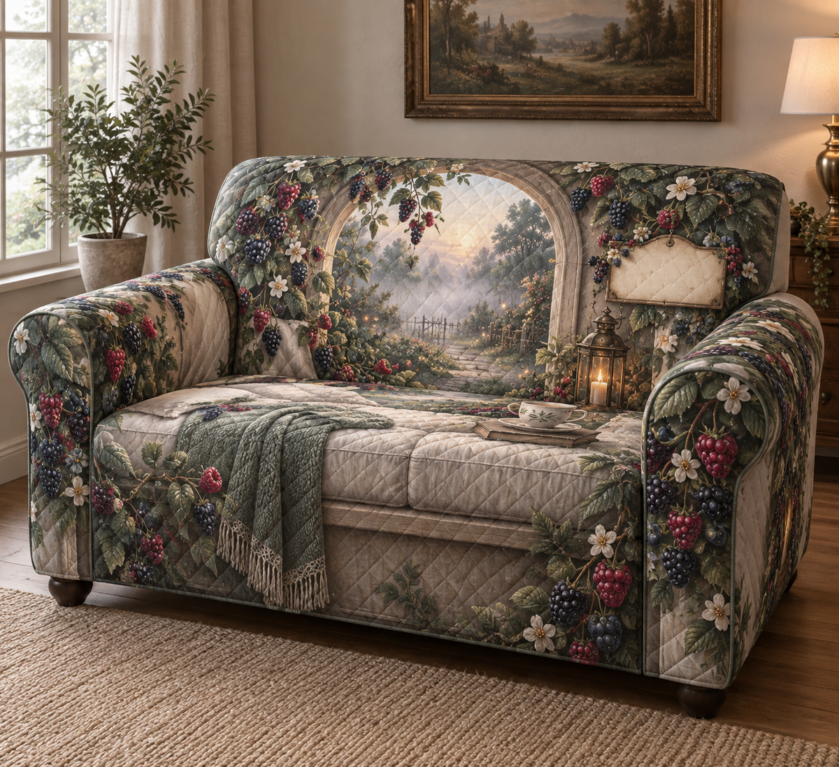 One sofa cover with a serene arched window seat overlooking a misty berry garden, linen cushion, folded knit throw, ceramic tea cup, slender candle lantern, blackberry, raspberry, blueberry and red-currant brambles, jewel-like berries, sage leaves, cream blossoms, dew drops, amber fireflies and a blank parchment plaque.