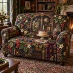 One sofa cover with an ornate arched curiosity cabinet, cascading blackberry, raspberry, blueberry and red-currant brambles, jewel-like berries, cream blossoms, a numberless berry cake, crystal cloche, antique brass magnifying glass, velvet ribbon, amber fireflies and a blank ivory plaque.