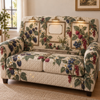 One sofa cover with a coordinated trio of slim antique-brass botanical frames, flowing blackberry, raspberry, blueberry and red-currant brambles, jewel-like berries, sage leaves, cream blossoms, glass vase, warm picture lights, amber fireflies and a blank ivory plaque.