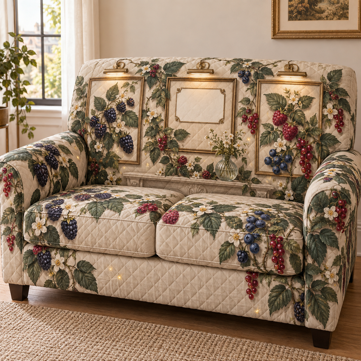 One sofa cover with a coordinated trio of slim antique-brass botanical frames, flowing blackberry, raspberry, blueberry and red-currant brambles, jewel-like berries, sage leaves, cream blossoms, glass vase, warm picture lights, amber fireflies and a blank ivory plaque.
